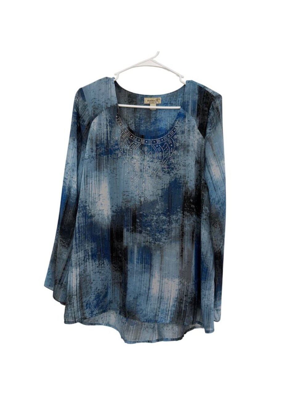 One World Petite Blue Dyed Long Sleeve Tunic Top Women SZ PM Rhinestone Accents
